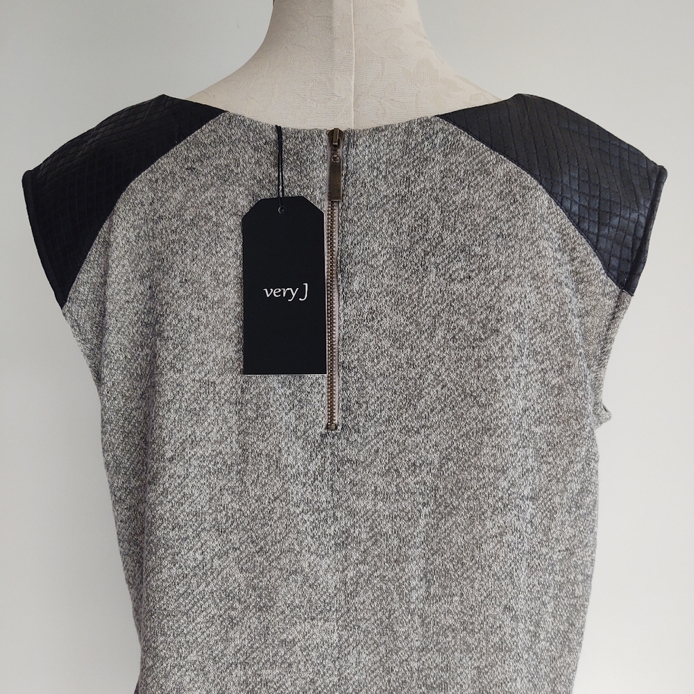 Very J Gray Dress Sleeveless Faux Leather Shoulders Side Pockets Bsck Zip Size L - Picture 4 of 10